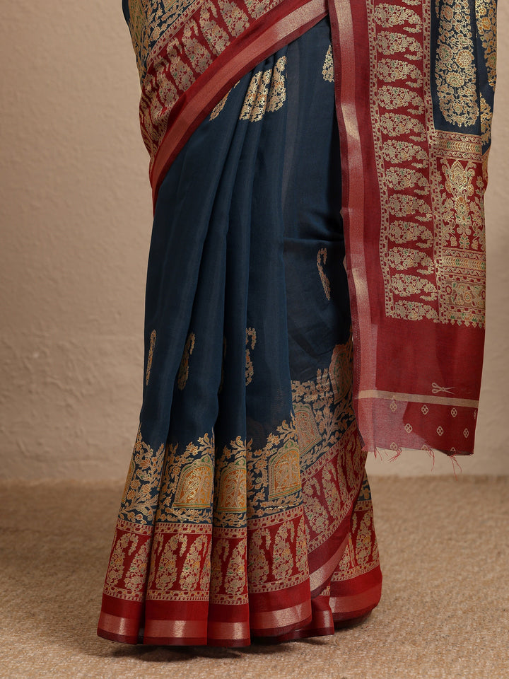 Blue Paisley Woven Design Banarsi Silk Blend Saree With Unstitched Blouse Piece