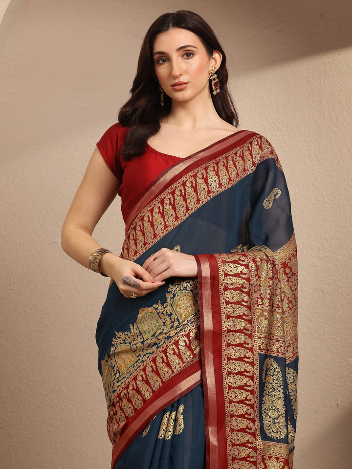 Blue Paisley Woven Design Banarsi Silk Blend Saree With Unstitched Blouse Piece