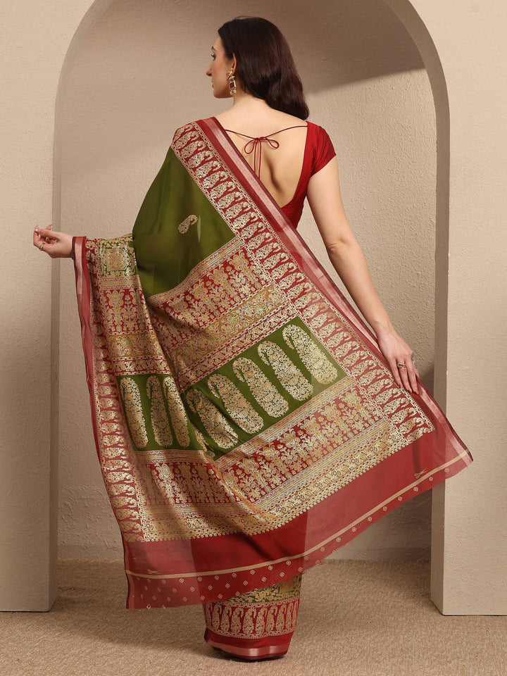 Green Paisley Woven Design Banarsi Silk Blend Saree With Unstitched Blouse Piece