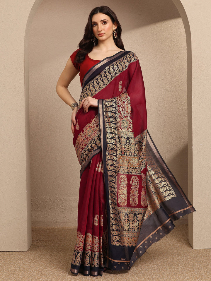 Maroon Paisley Woven Design Banarsi Silk Blend Saree With Unstitched Blouse Piece