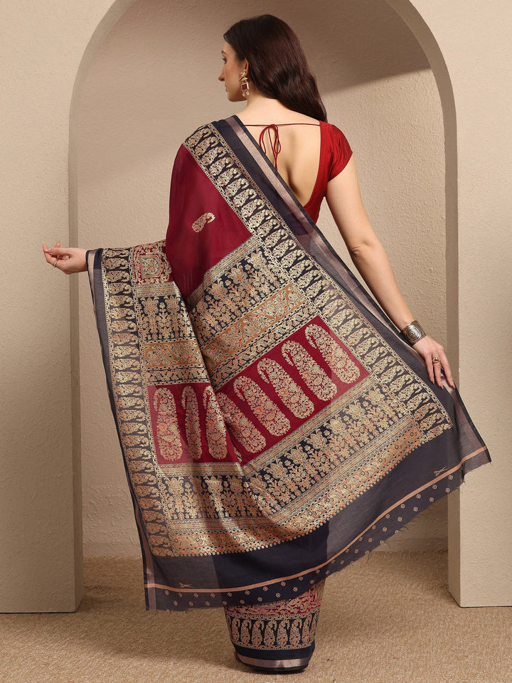 Maroon Paisley Woven Design Banarsi Silk Blend Saree With Unstitched Blouse Piece