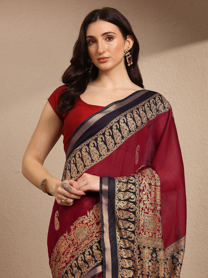 Maroon Paisley Woven Design Banarsi Silk Blend Saree With Unstitched Blouse Piece