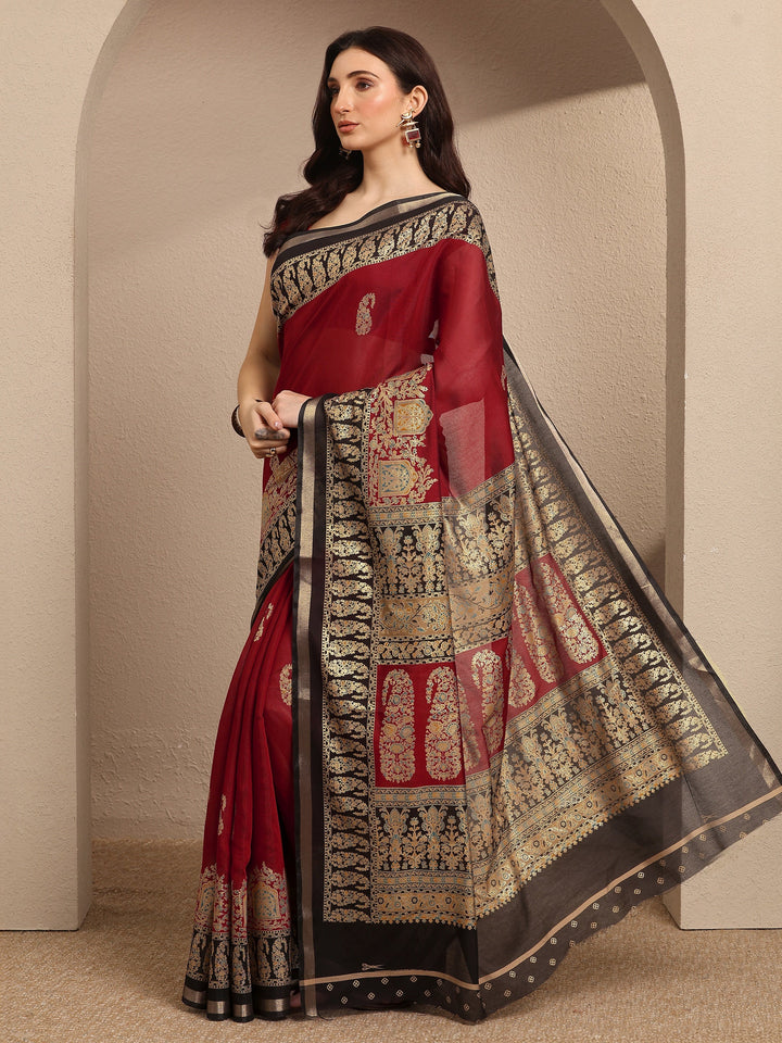 Red Paisley Woven Design Banarsi Silk Blend Saree With Unstitched Blouse Piece