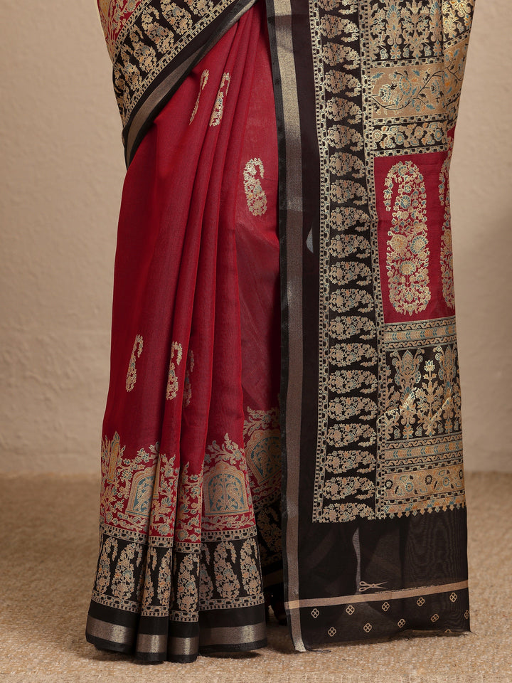 Red Paisley Woven Design Banarsi Silk Blend Saree With Unstitched Blouse Piece