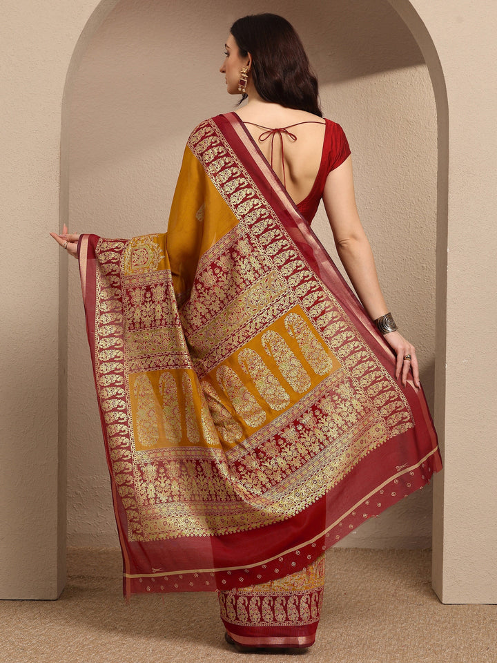 Mustard Paisley Woven Design Banarsi Silk Blend Saree With Unstitched Blouse Piece