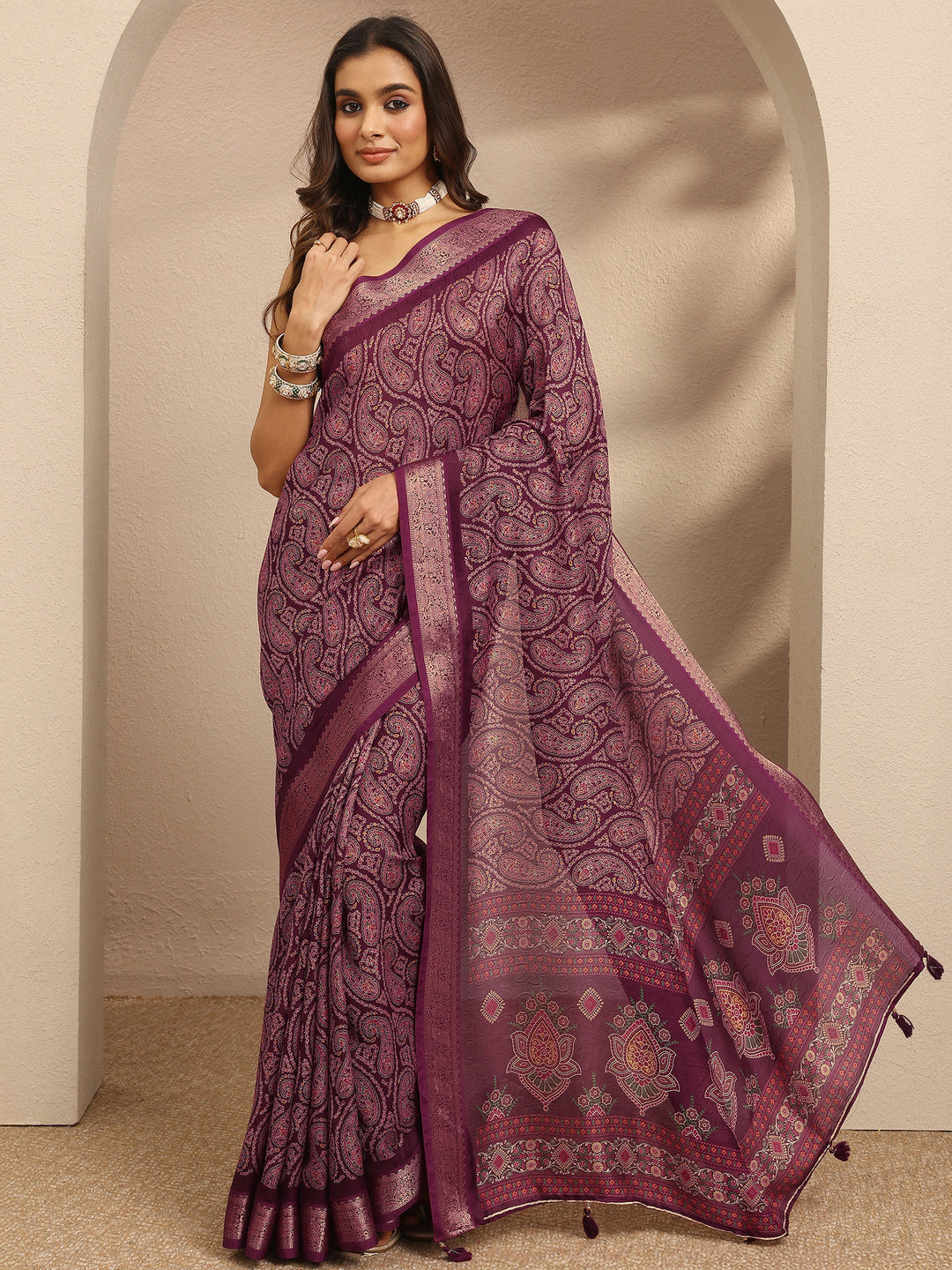 Burgundy Paisley Printed Silk Blend Saree With Unstitched Blouse Piece