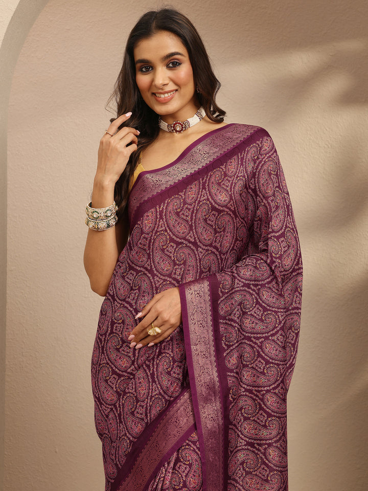 Burgundy Paisley Printed Silk Blend Saree With Unstitched Blouse Piece