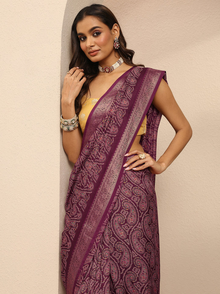 Burgundy Paisley Printed Silk Blend Saree With Unstitched Blouse Piece