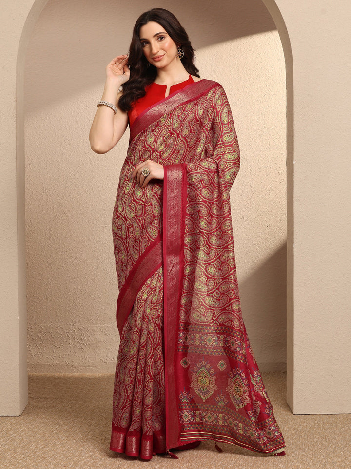 Red Paisley Printed Silk Blend Saree With Unstitched Blouse Piece