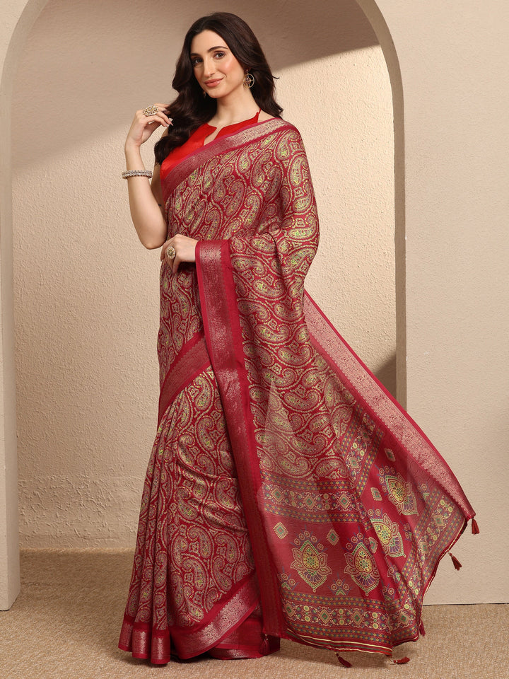 Red Paisley Printed Silk Blend Saree With Unstitched Blouse Piece