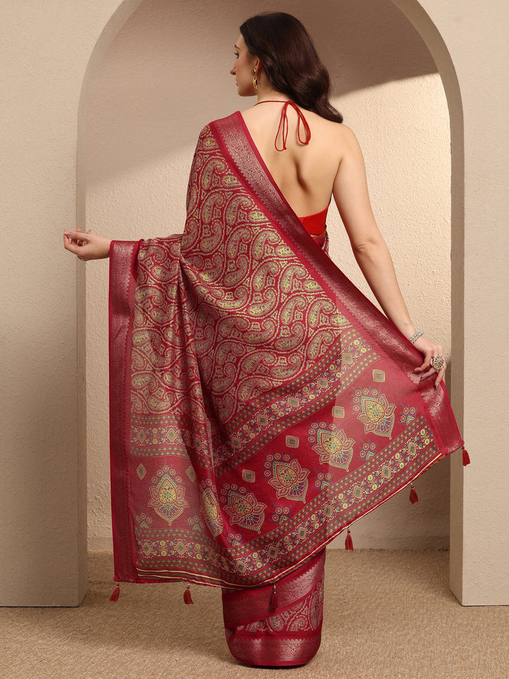 Red Paisley Printed Silk Blend Saree With Unstitched Blouse Piece