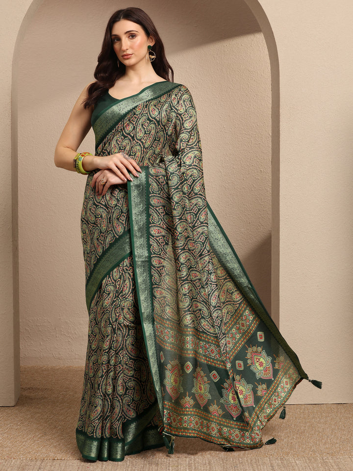Green Paisley Printed Silk Blend Saree With Unstitched Blouse Piece