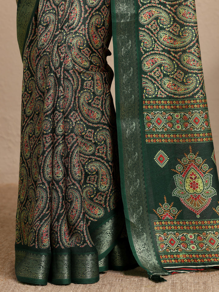 Green Paisley Printed Silk Blend Saree With Unstitched Blouse Piece