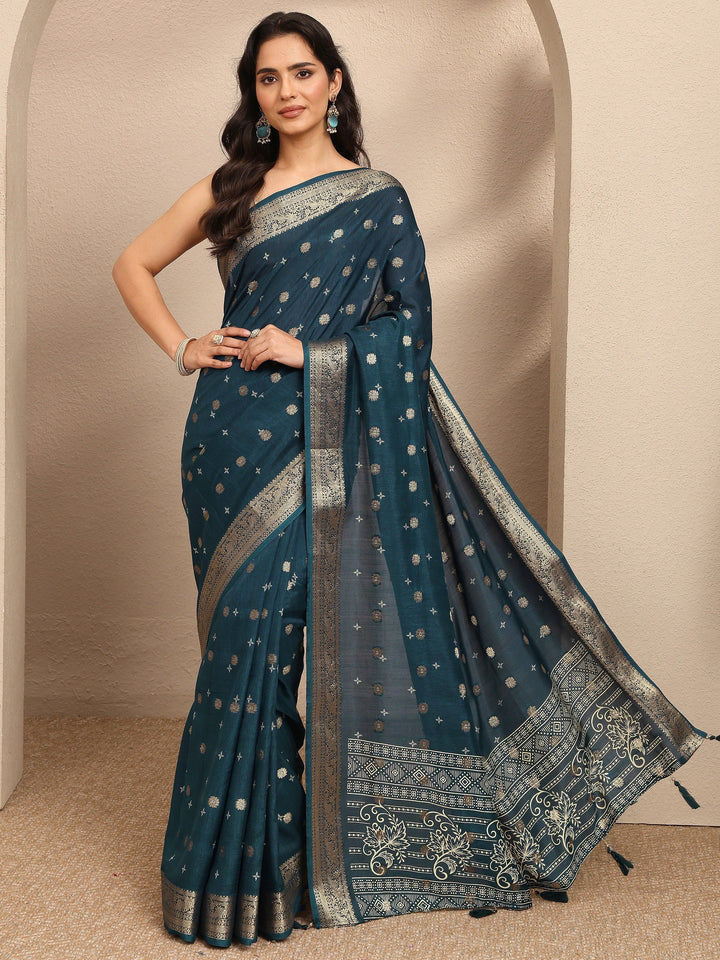 Navy Blue Woven Design Silk Blend Saree With Unstitched Blouse Piece