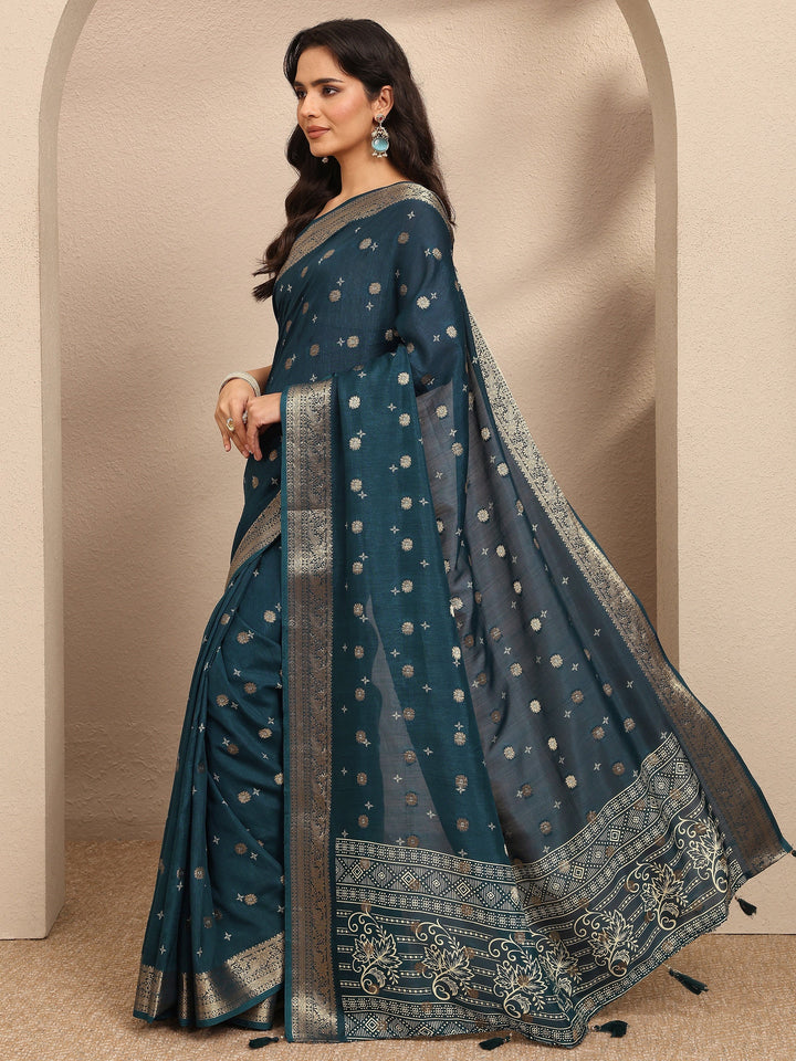 Navy Blue Woven Design Silk Blend Saree With Unstitched Blouse Piece