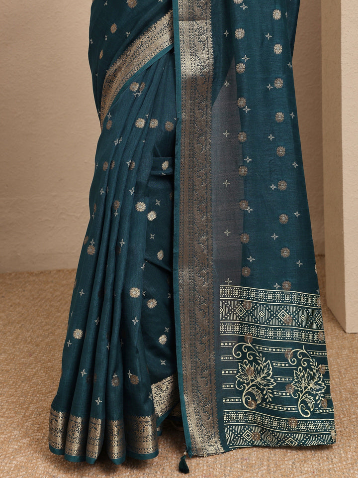 Navy Blue Woven Design Silk Blend Saree With Unstitched Blouse Piece