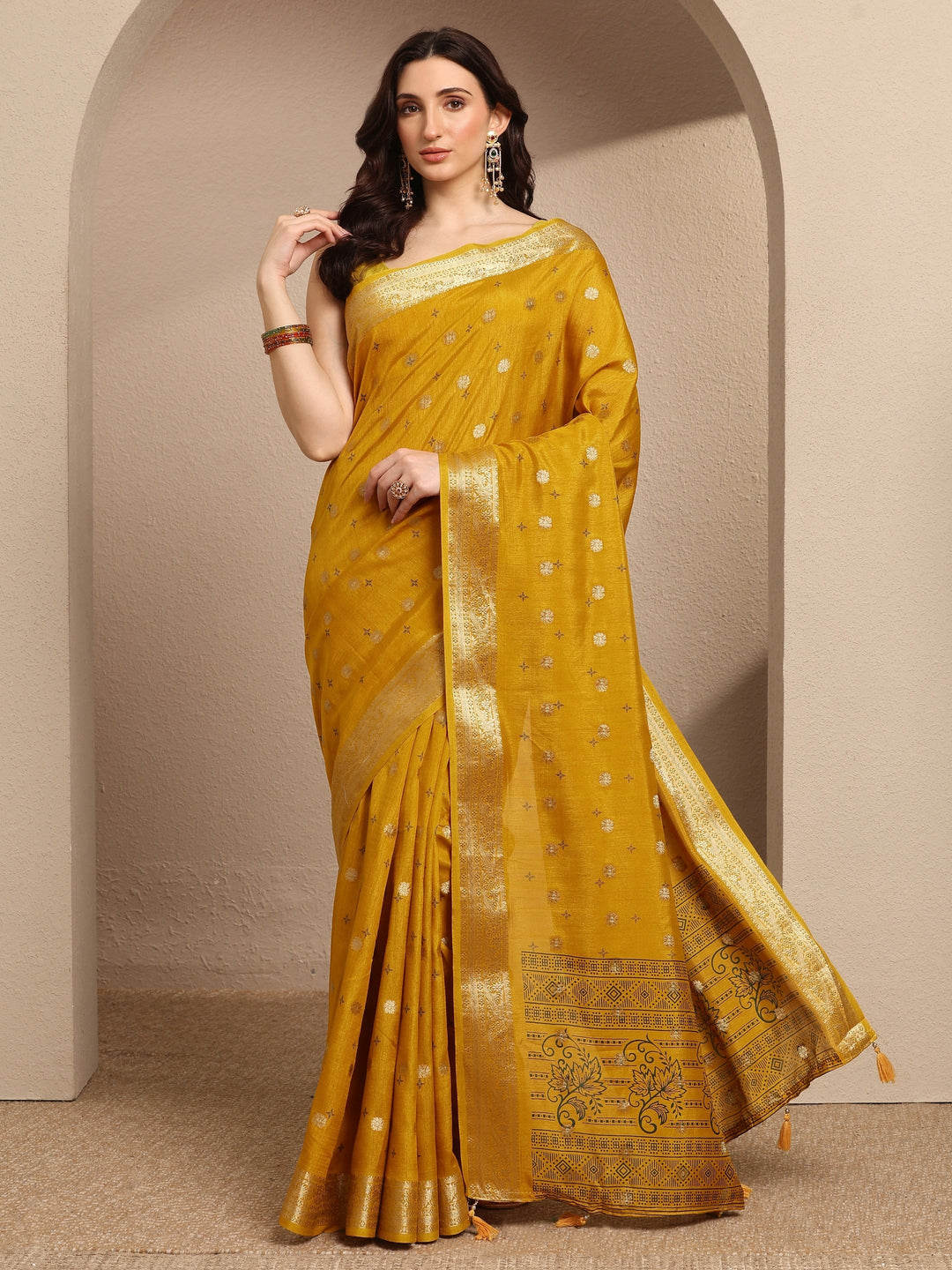 Mustard Woven Design Silk Blend Saree With Unstitched Blouse Piece