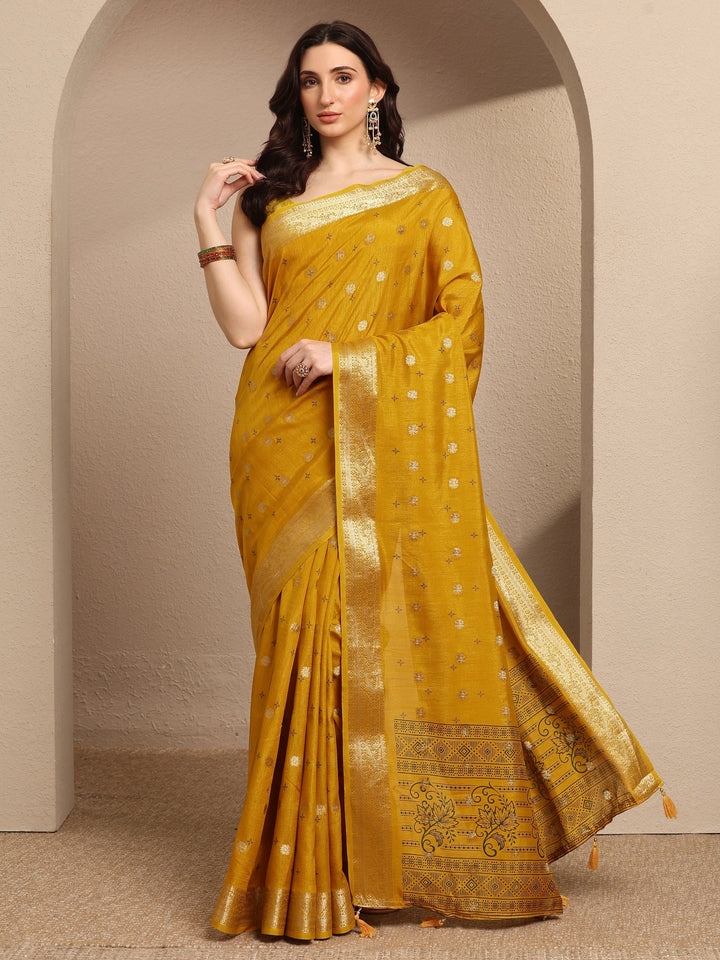 Mustard Woven Design Silk Blend Saree With Unstitched Blouse Piece