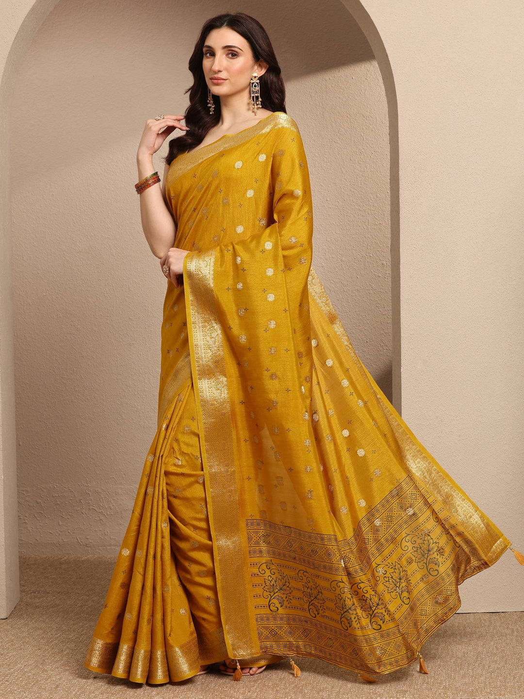 Mustard Woven Design Silk Blend Saree With Unstitched Blouse Piece