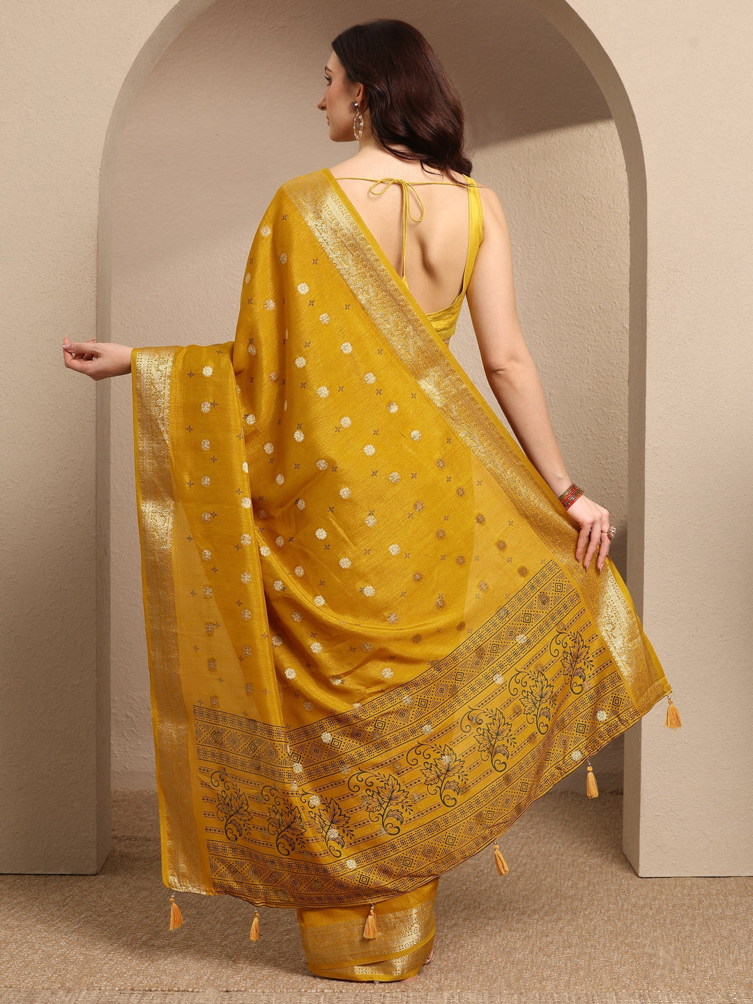 Mustard Woven Design Silk Blend Saree With Unstitched Blouse Piece