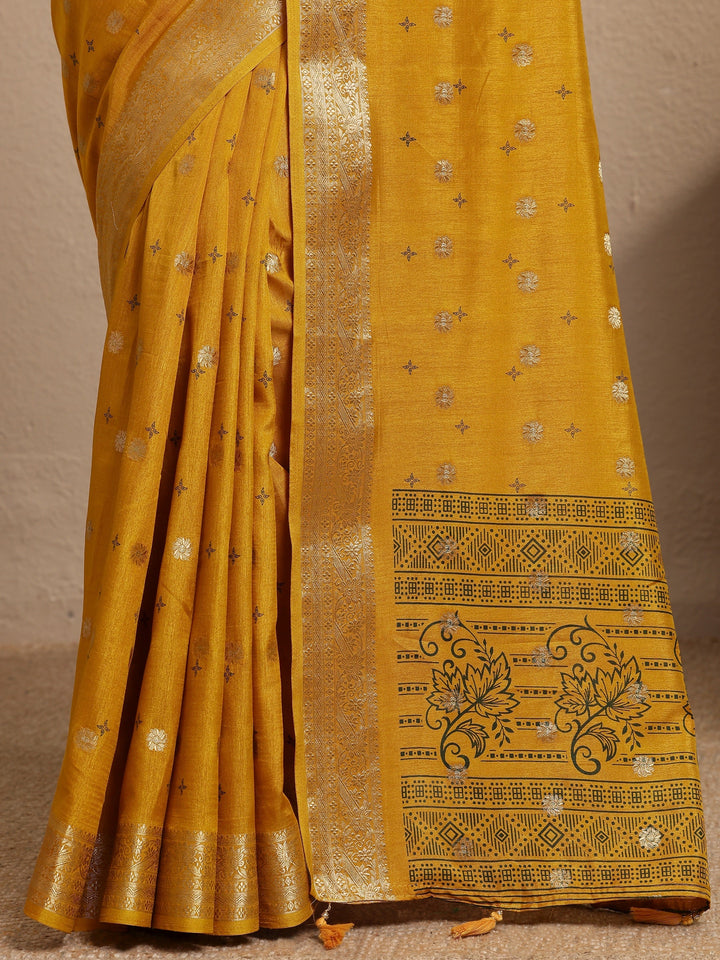 Mustard Woven Design Silk Blend Saree With Unstitched Blouse Piece