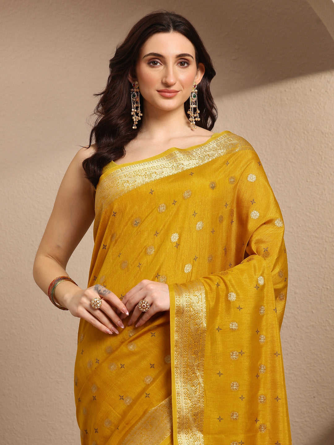 Mustard Woven Design Silk Blend Saree With Unstitched Blouse Piece