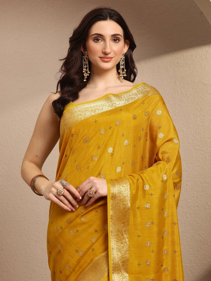 Mustard Woven Design Silk Blend Saree With Unstitched Blouse Piece