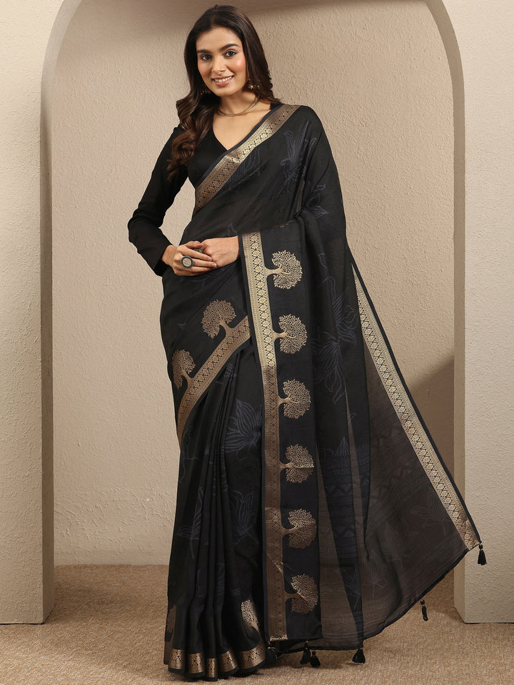 Black Embellished Silk Blend Saree With Unstitched Blouse Piece