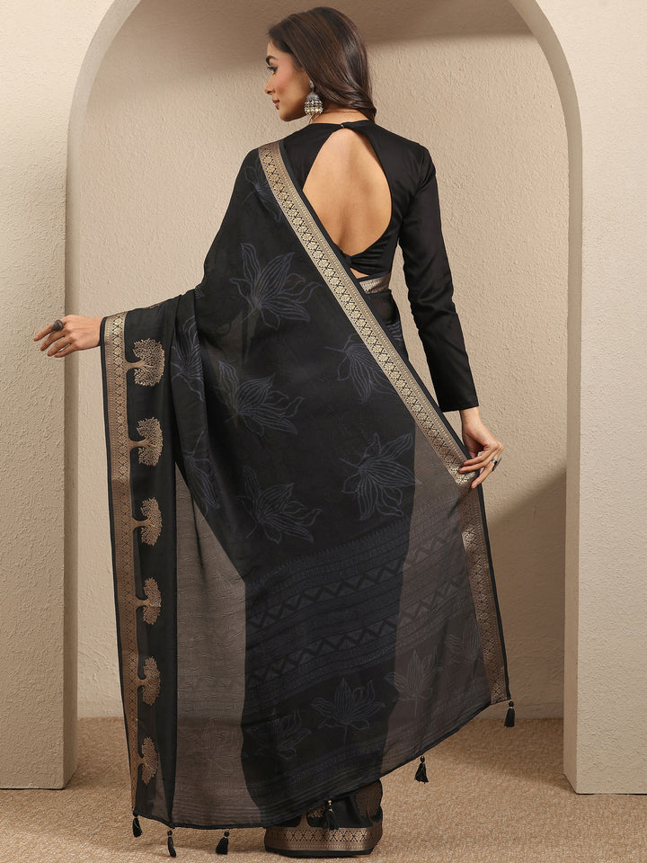 Black Embellished Silk Blend Saree With Unstitched Blouse Piece