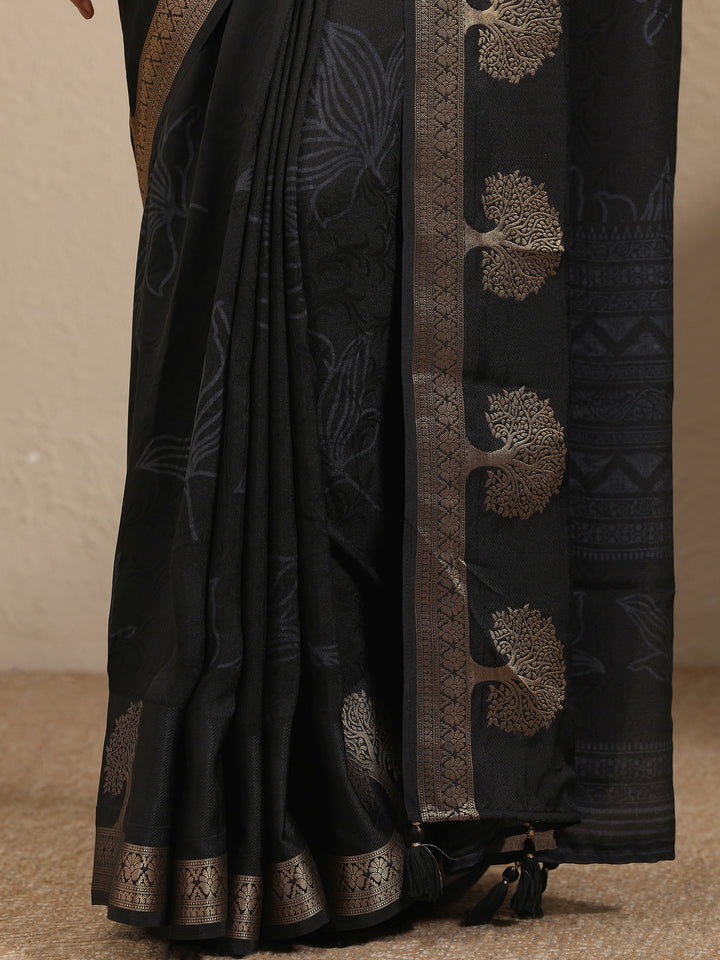 Black Embellished Silk Blend Saree With Unstitched Blouse Piece