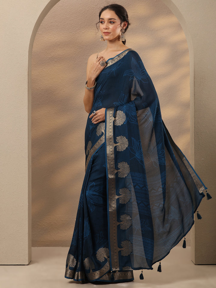 Blue Embellished Silk Blend Saree With Unstitched Blouse Piece