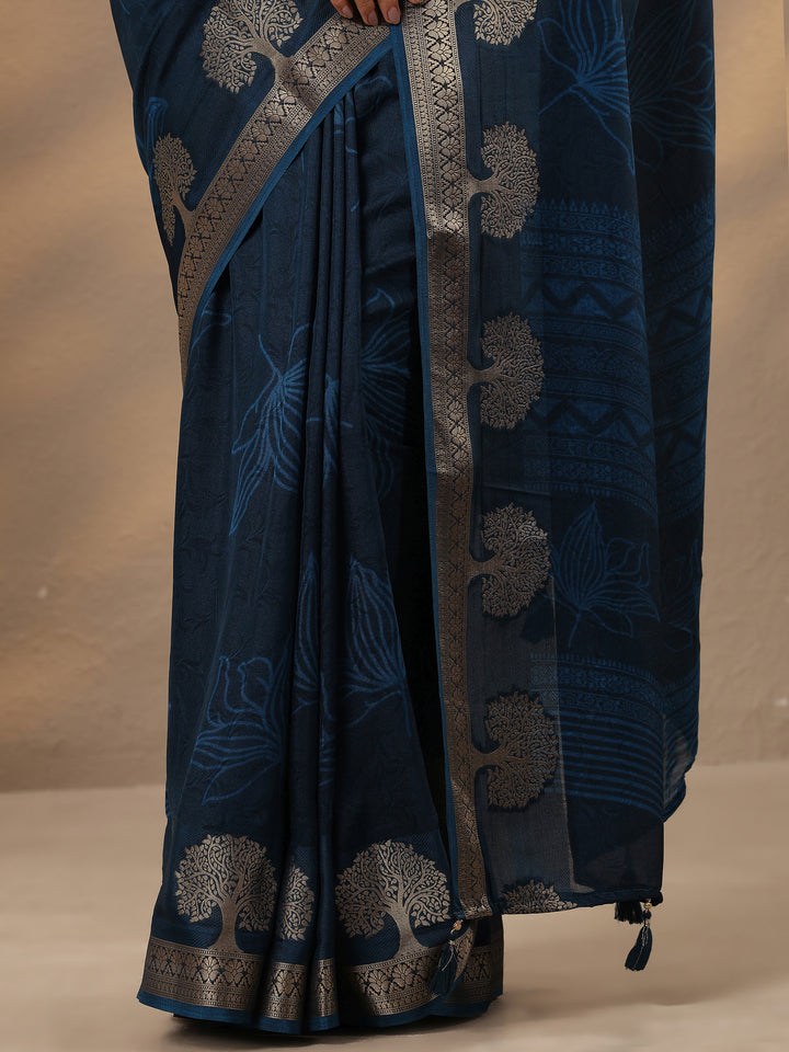 Blue Embellished Silk Blend Saree With Unstitched Blouse Piece