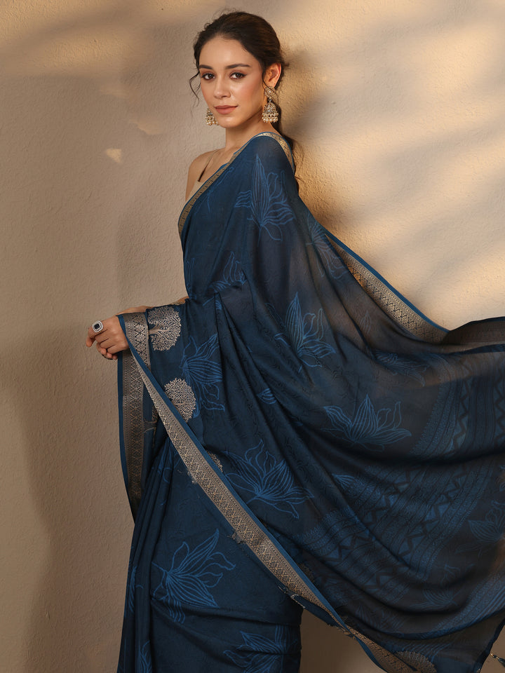 Blue Embellished Silk Blend Saree With Unstitched Blouse Piece