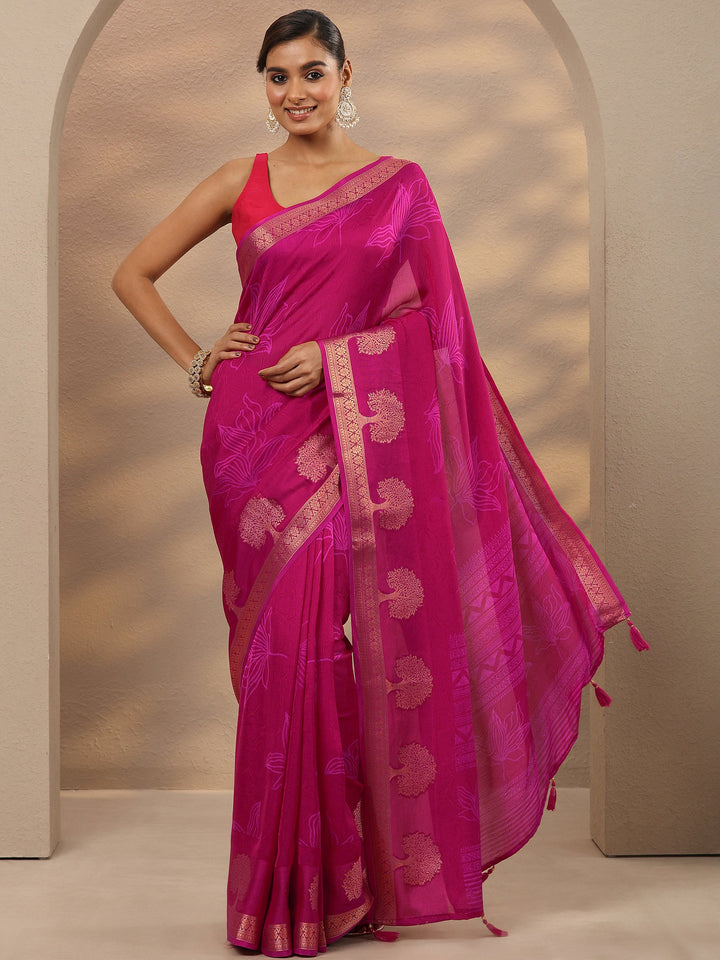 Pink Embellished Silk Blend Saree With Unstitched Blouse Piece