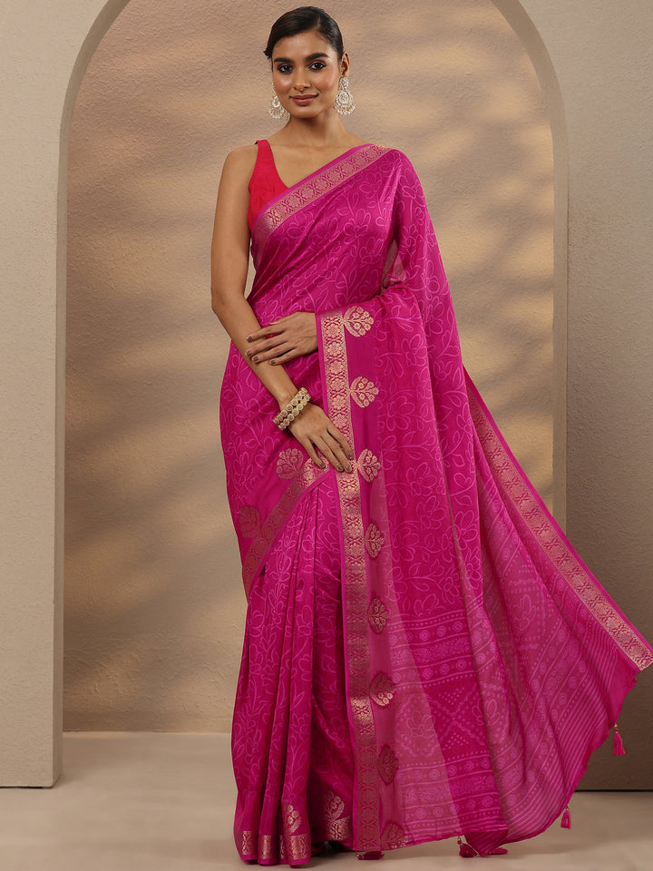 Pink Printed Silk Blend Saree With Unstitched Blouse Piece