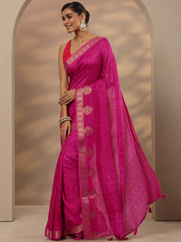 Pink Printed Silk Blend Saree With Unstitched Blouse Piece