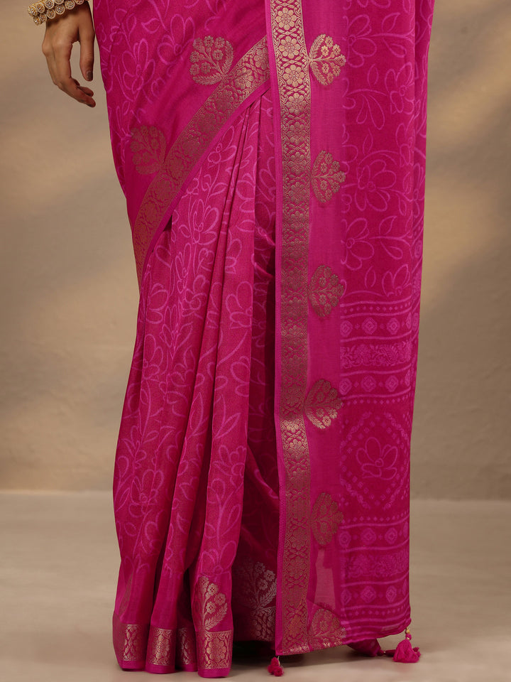Pink Printed Silk Blend Saree With Unstitched Blouse Piece