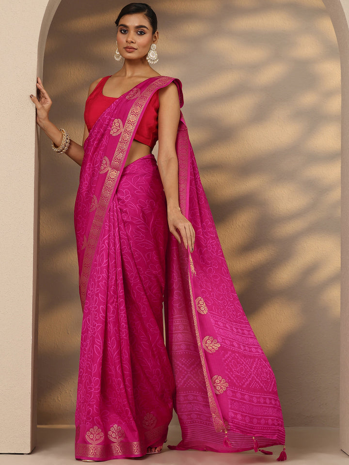 Pink Printed Silk Blend Saree With Unstitched Blouse Piece