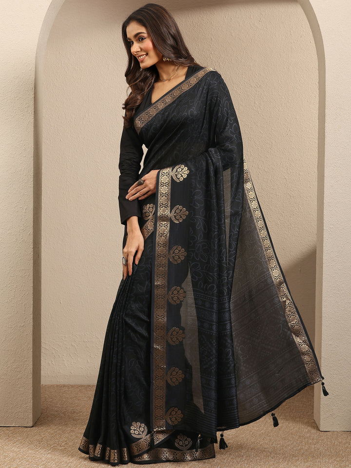 Black Printed Silk Blend Saree With Unstitched Blouse Piece