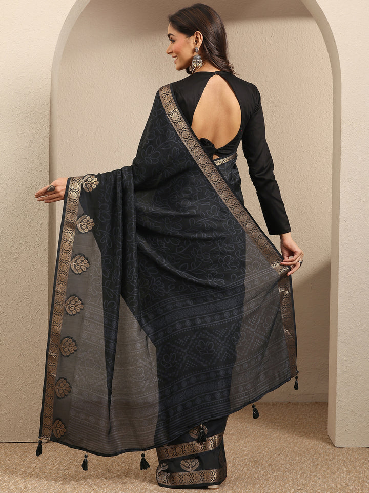 Black Printed Silk Blend Saree With Unstitched Blouse Piece