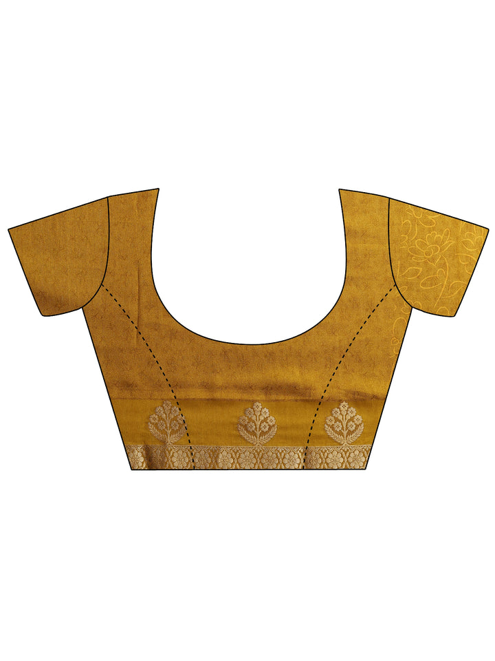 Mustard Printed Silk Blend Saree With Unstitched Blouse Piece