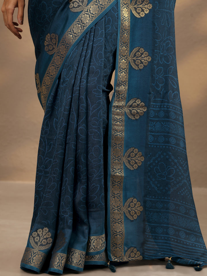 Blue Printed Silk Blend Saree With Unstitched Blouse Piece