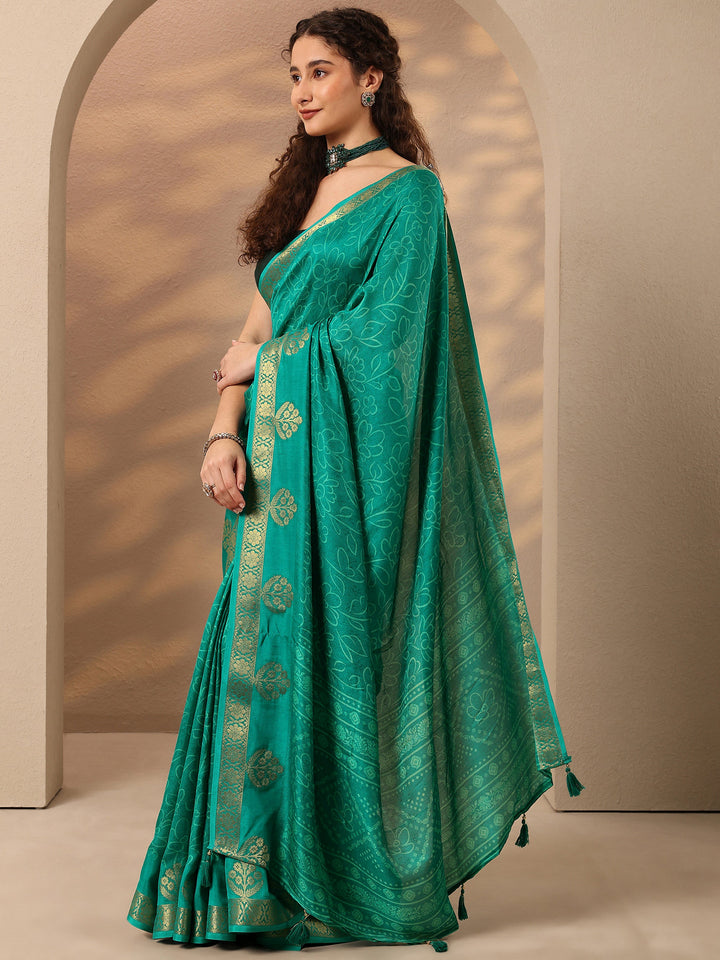 Green Printed Silk Blend Saree With Unstitched Blouse Piece