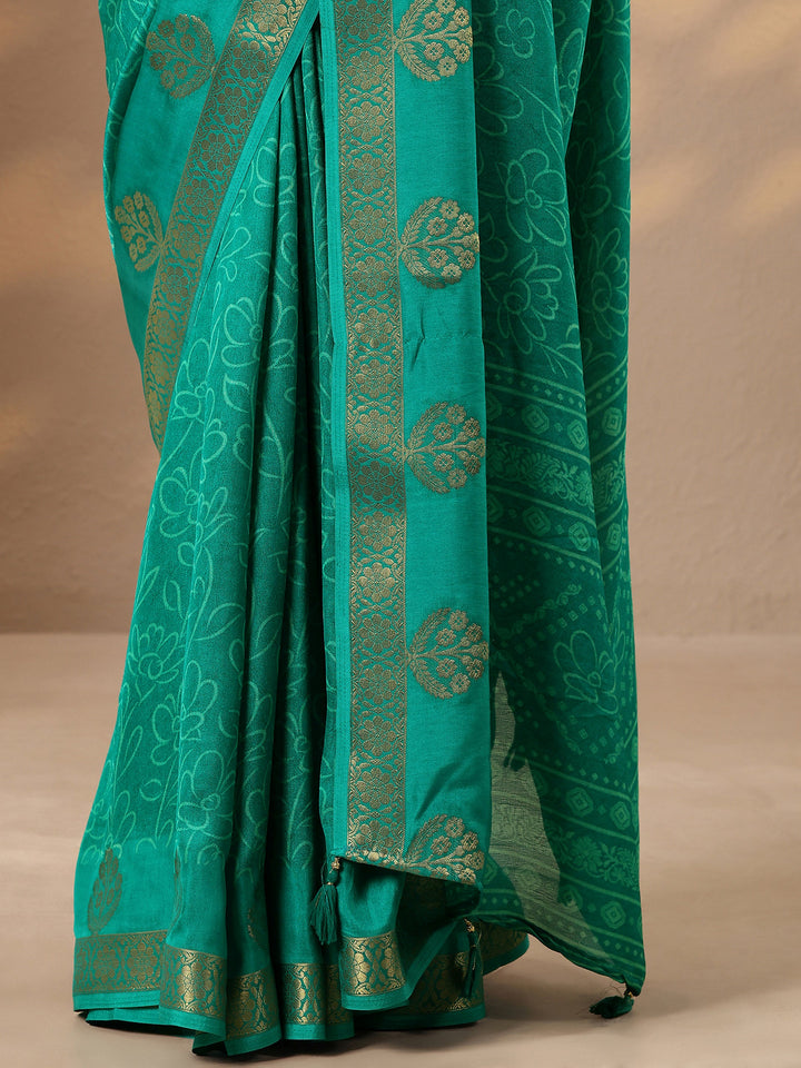 Green Printed Silk Blend Saree With Unstitched Blouse Piece