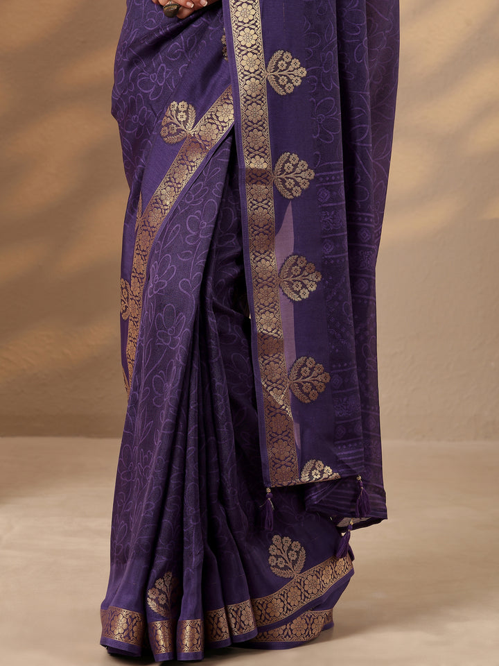 Purple Printed Silk Blend Saree With Unstitched Blouse Piece