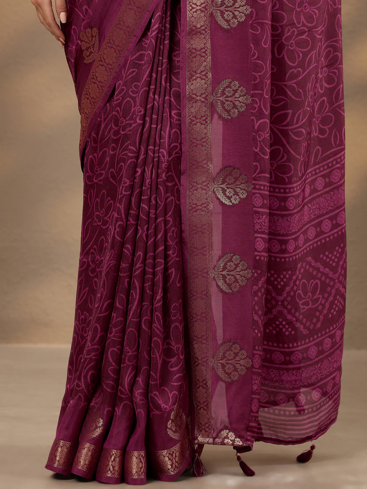 Burgundy Printed Silk Blend Saree With Unstitched Blouse Piece