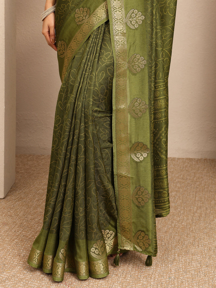 Green Printed Silk Blend Saree With Unstitched Blouse Piece