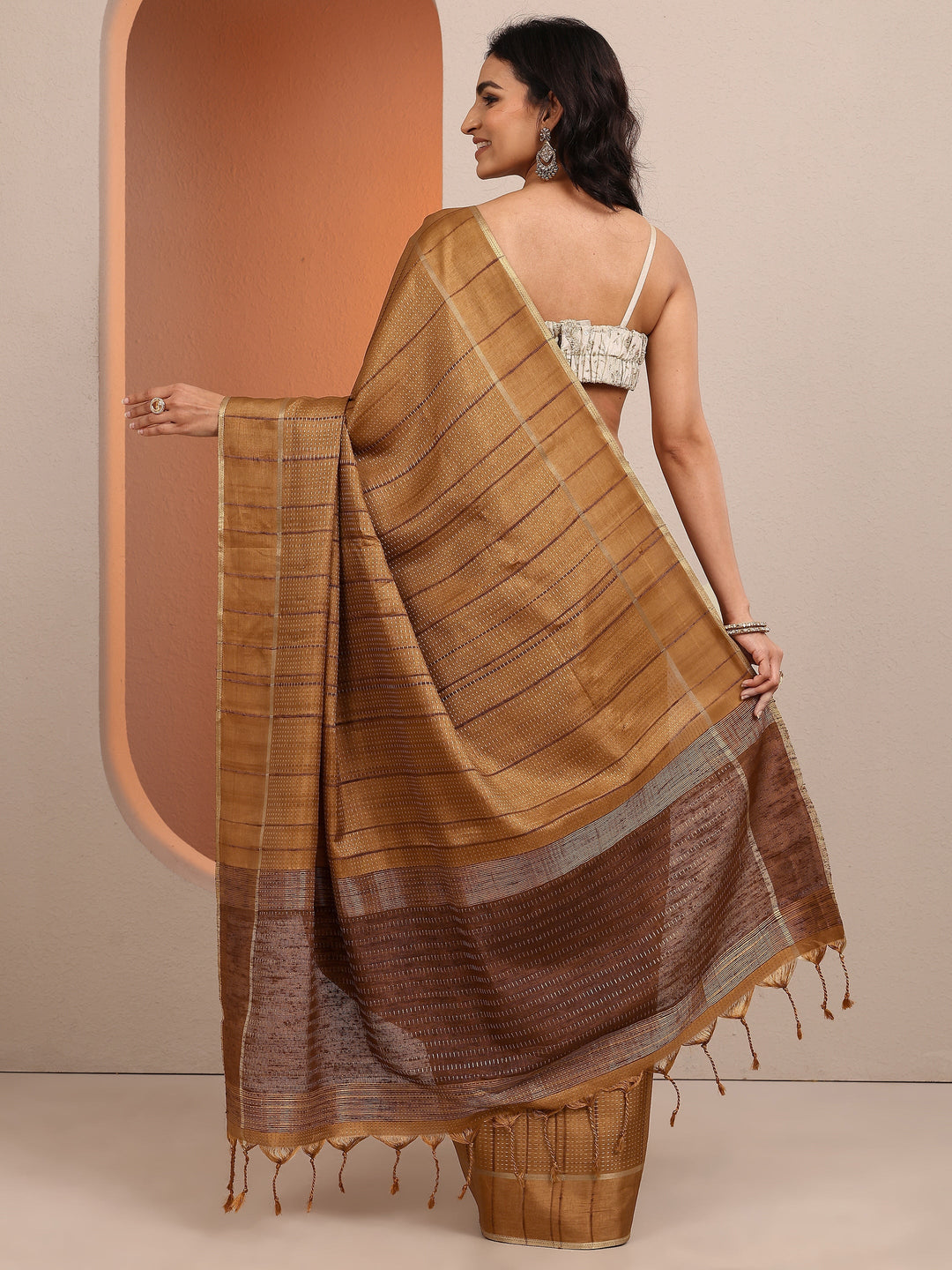 Brown Embellished Silk Blend Saree With Unstitched Blouse Piece
