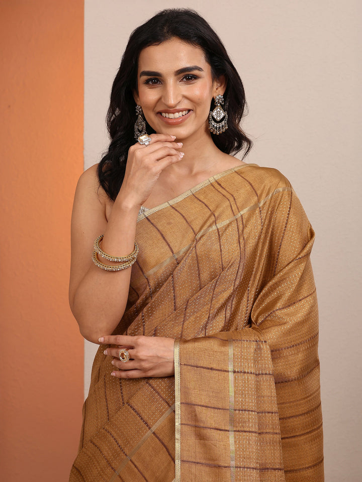 Brown Embellished Silk Blend Saree With Unstitched Blouse Piece