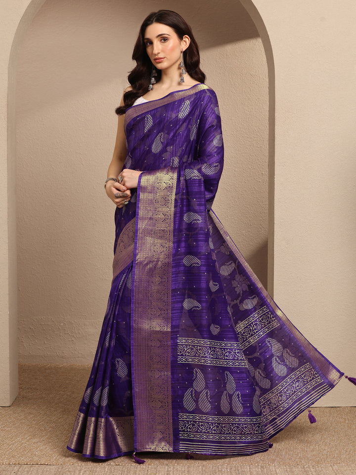 Purple Paisley Woven Design Banarsi Silk Blend Saree With Unstitched Blouse Piece